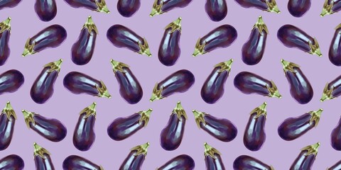 Pattern of purple eggplants arranged on a pastel purple background creates a vibrant kitchen decor element
