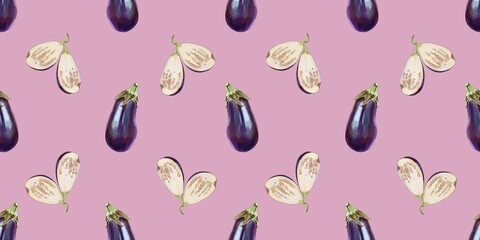 Bright and colorful pattern of eggplants on a pink background showcasing their unique shapes and colors in a creative design