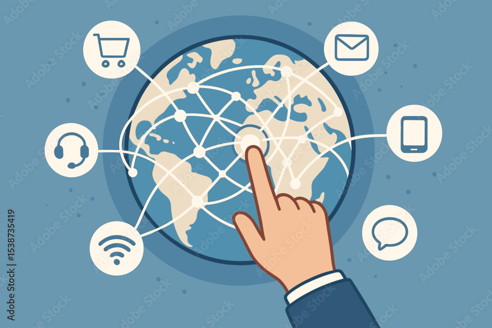 Poster global network connection and worldwide business concept. hand pointing at globe with internet icons