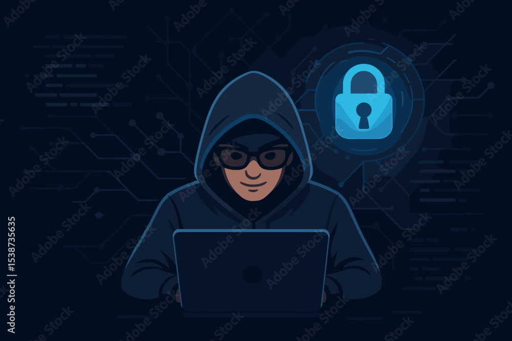 Poster hacker in hoodie at laptop computer. cybersecurity and data protection concept. anonymous programmer