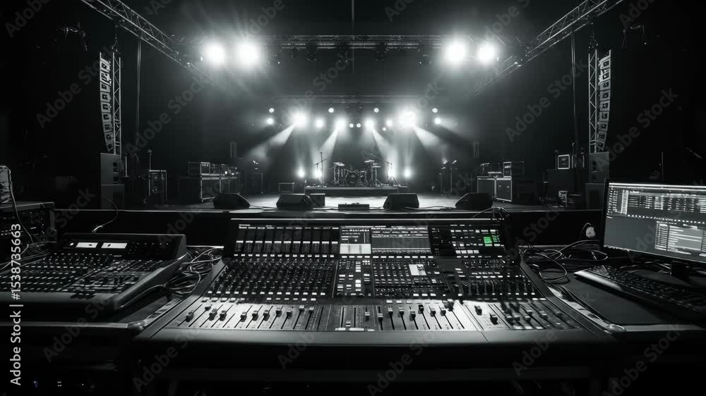 Poster empty concert stage with soundboard and lighting - a wide shot of an empty concert stage, bathed in 