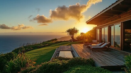 Obraz premium Serene Ocean View from Modern House at Sunset with Lush Green Lawn and Tranquil Atmosphere