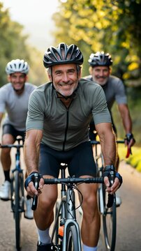 Group of senior men cycling on a sunlit countryside road during golden hour, smiling and enjoying outdoor activity, healthy lifestyle. Generative AI