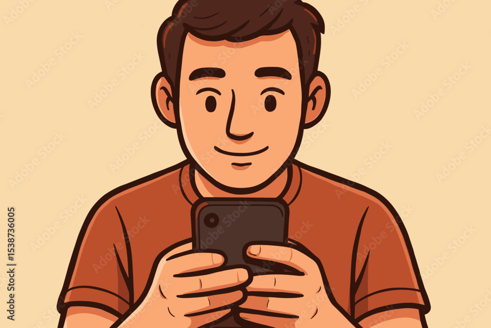 Poster a young man holding a smartphone and smiling. cartoon vector character using a mobile phone for text
