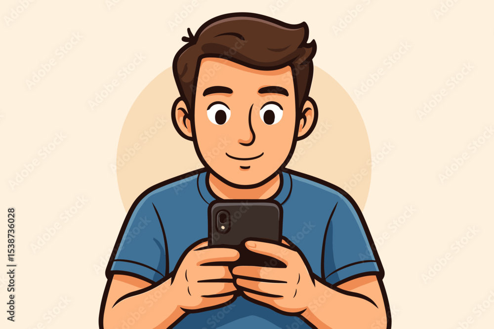 Poster man holding smartphone vector illustration. young guy using mobile phone for chatting, browsing or s