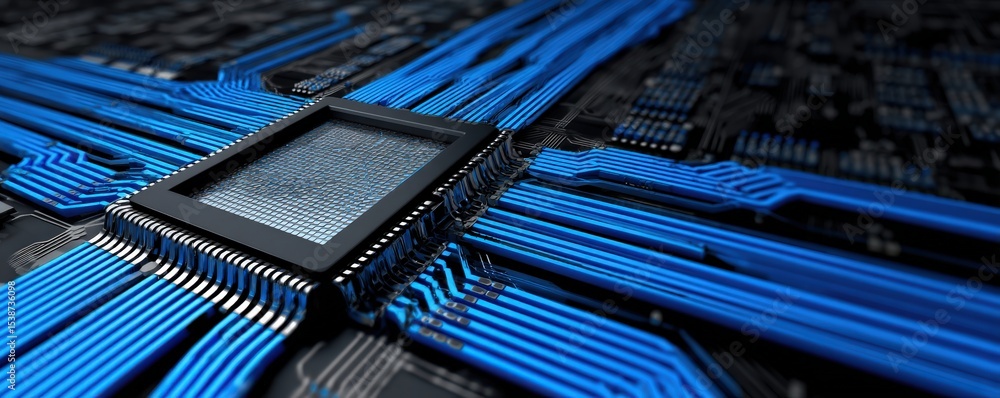 Poster close-up of a black microchip on a circuit board with glowing blue pathways representing electronic 
