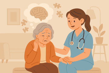 Elderly care and support for mental health. Nurse comforting a senior woman with dementia or Alzheimer's disease. Concept of memory loss, brain disorder, and neurological problems.