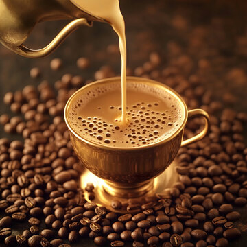 A Golden Cup of Hot Indian Filter Coffee stream of creamy milk is being poured into the cup, creating bubbles and ripples in the coffee's surface.