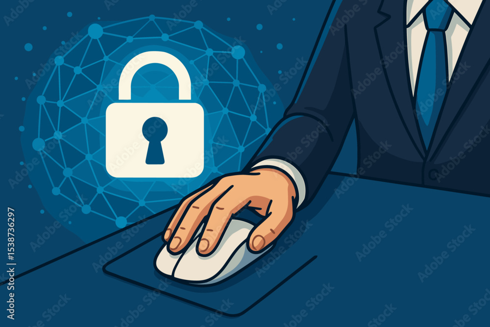 Poster cybersecurity business concept. businessman hand on computer mouse. data protection, network securit