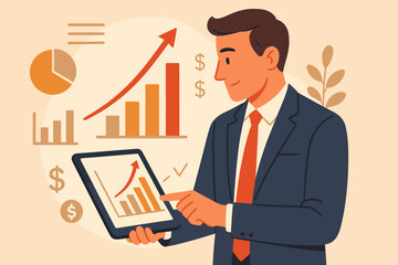 Businessman analyzing financial report on tablet. Sales growth concept with chart, graph, rising arrow. Business success, investment strategy, market analysis, profit vector.