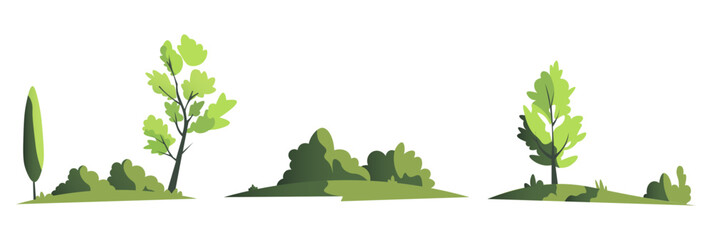 Collection of simple vector green trees and shrubs illustrated in minimalist style, ideal for landscape architecture plans, maps or garden designs