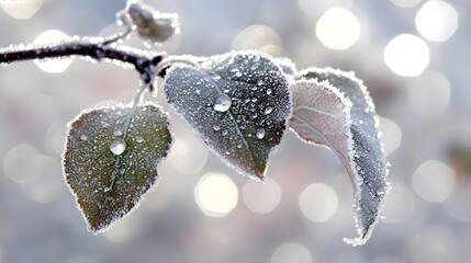 Close Up of Frosted Green Leaves on Apple Tree Branch