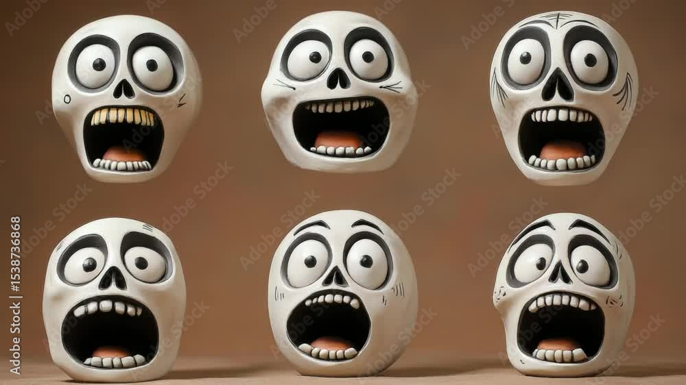 Poster a collection of four skulls with unique facial expressions, suitable for use in various contexts suc