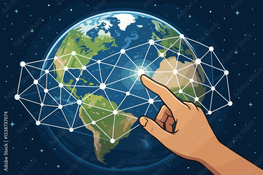 Poster global network connection concept. hand touching interactive digital mesh on planet earth in space. 