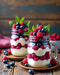 Layered blueberry and raspberry parfaits in clear mason jars with yogurt, granola, and fresh berries, styled on a rustic wooden table for a healthy breakfast or dessert presentation