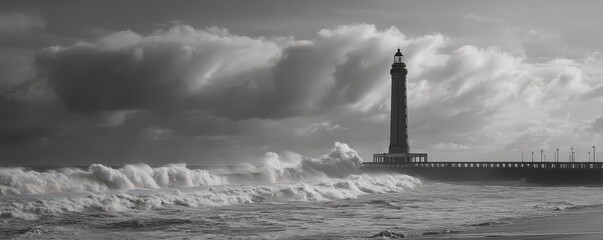 A black and white photo of a tall lighthouse on a pier with powerful waves crashing under a cloudy sky.