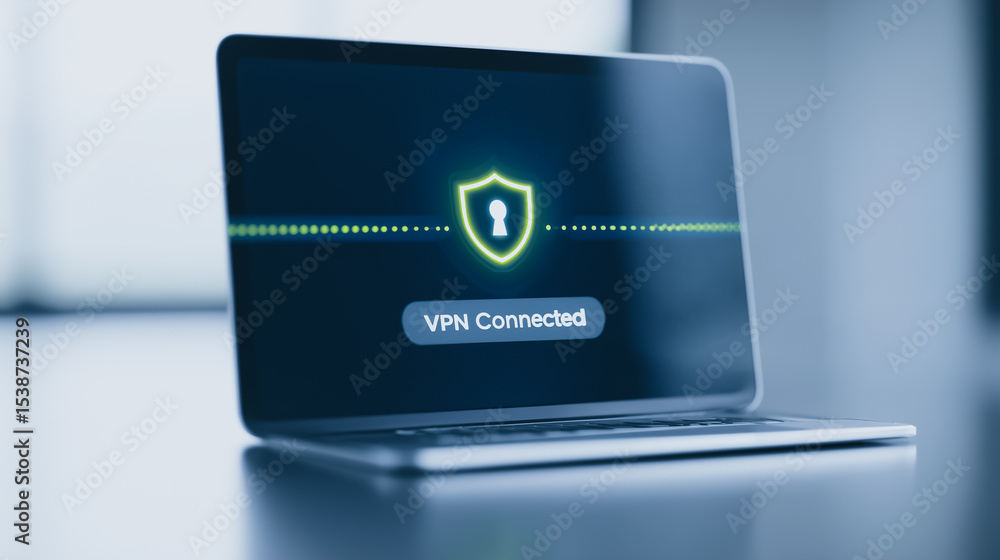 Poster cyber shield: a laptop displaying a secure vpn connection, symbolizing digital security in a modern 