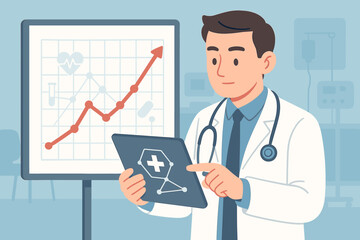 Doctor analyzing healthcare data on tablet. Medical professional presents growth chart with positive results. Concept for research, medical statistics, patient records, and digital health.