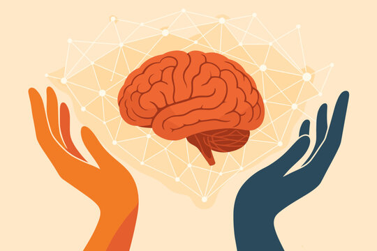 Human hands supporting brain with neural network connections. Mental health, psychology, cognitive science, neurological care, intelligence, learning, mindfulness, therapy, abstract concept.