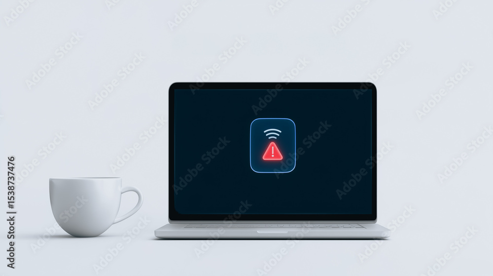 Poster connection interrupted: laptop displaying a no wifi connection symbol on its screen next to a cup, a