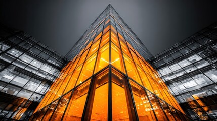 A striking upward view of a modern glass building illuminated by warm orange lights, contrasting with the cool exterior and dark sky.