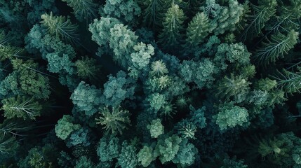  Aerial view of a dense forest, with dark green trees. 