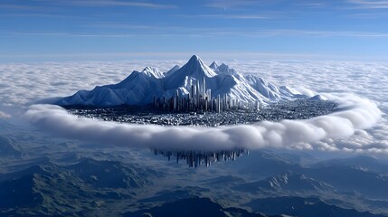A futuristic, dreamlike city floats serenely above a breathtaking mountain landscape, creating a surreal, utopian vision.