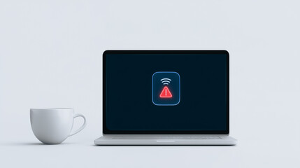 Connection Interrupted: Laptop displaying a no WiFi connection symbol on its screen next to a cup, against a simple scene.