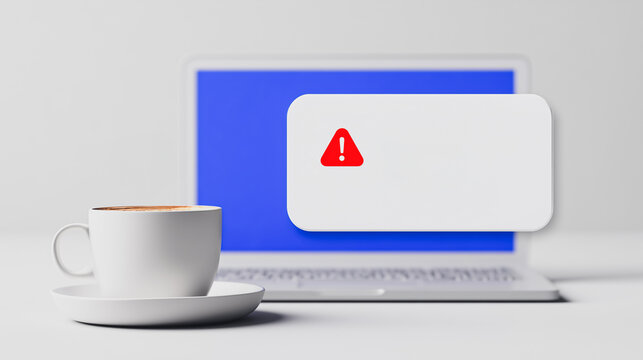 Digital Dilemma: A modern workstation depicts a coffee cup, laptop, and a pop-up notification warning. Reflecting the challenges of contemporary digital life, and the balance between work and leisure.