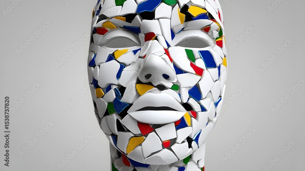 Poster this abstract image features a fragmented human face composed of shattered glass pieces in a vibrant