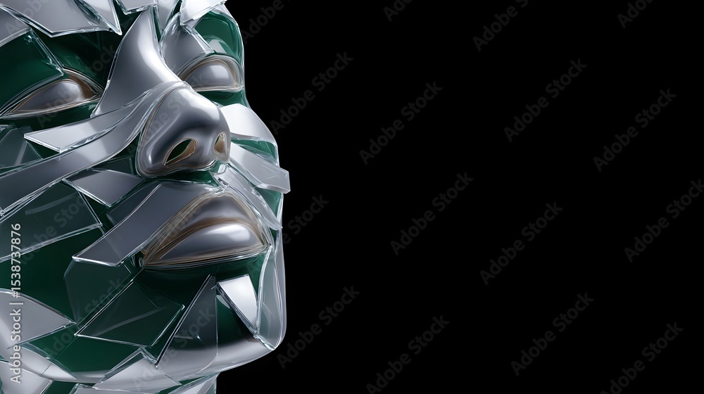 Poster surreal abstract representation of a human face made up of fragmented, reflective shards of glass, s
