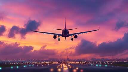 An airplane is landing on a runway during a vibrant sunset with purple, pink, and orange clouds over a distant city skyline.