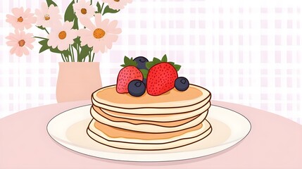 Fluffy Pancakes with Strawberries and Blueberries on a Plate