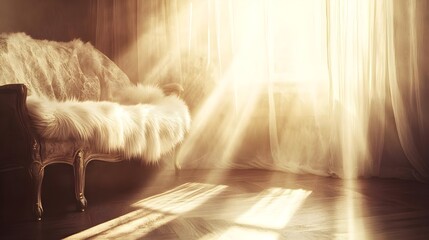 Sunlit Romantic Sofa Covered with Soft Sheepskin in Warm Light