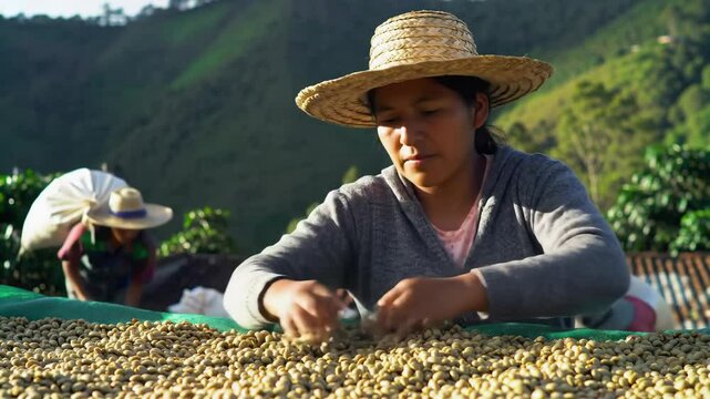 Colombian Woman Working Hard Sorting Coffee Beans on a Picturesque Plantation in Rural Latin America