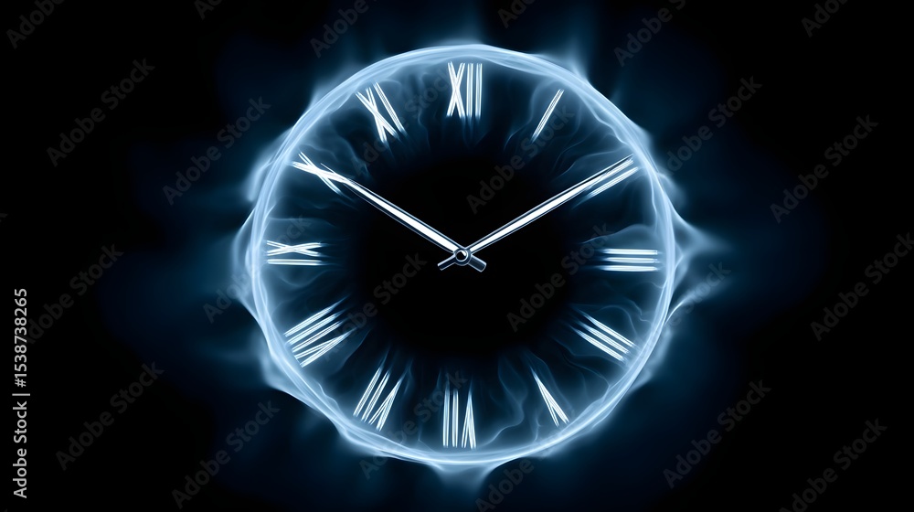 Poster an abstract clock made of ethereal, glowing smoke, creating a surreal and conceptual impression of t