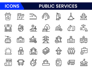 Essential vector web line icons depicting public services, healthcare, education, safety, utilities, and community support for societal well-being.