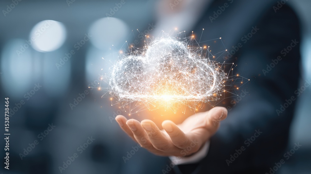 Poster a person holding a glowing digital cloud symbol representing cloud computing and data connectivity.