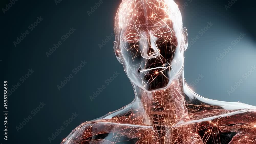 Poster complex network of glowing signals mismatching within transparent human body, highlighting potential