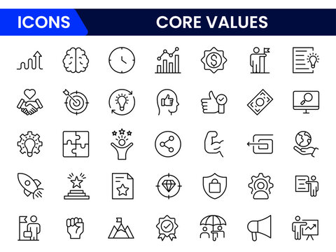 Inspiring vector web line icons depicting core values, integrity, teamwork, trust, ethics, and principles for organizational culture and growth.