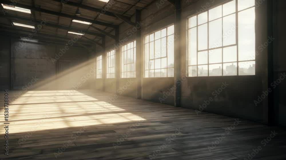 Poster sunbeams in empty industrial warehouse - sunlight streams through large windows in an empty industri