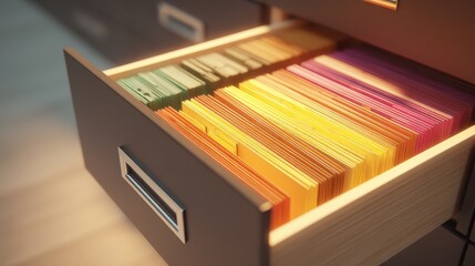 An open drawer filled with neatly organized colorful file folders under warm lighting.