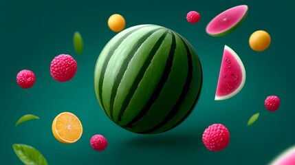 A surreal and visually striking composition featuring a spherical watermelon suspended in mid-air, surrounded by an array of colorful, levitating fruits in a cosmic, fantasy-inspired setting.