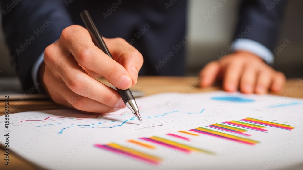 Poster a person in business attire analyzes and annotates colorful financial charts and graphs on paper wit