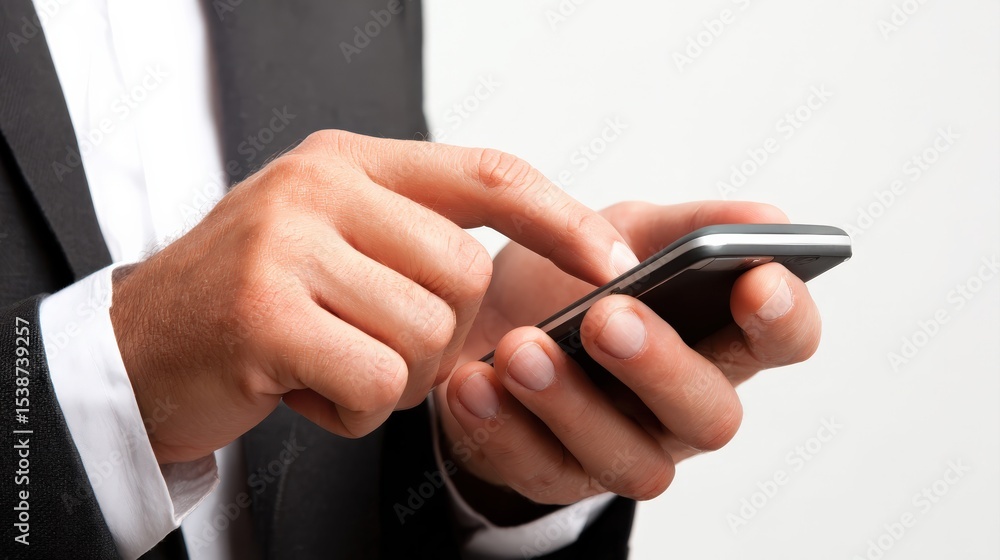 Aufkleber a person in a suit using a smartphone, focusing on the hands and device with a plain background.