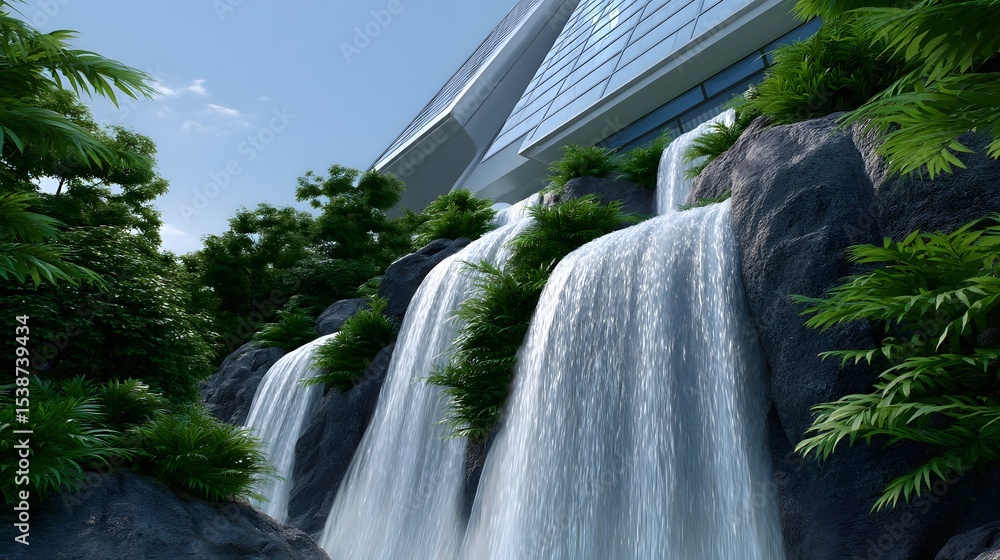 Poster a towering, modern architectural structure features a flowing waterfall cascading down its facade, c