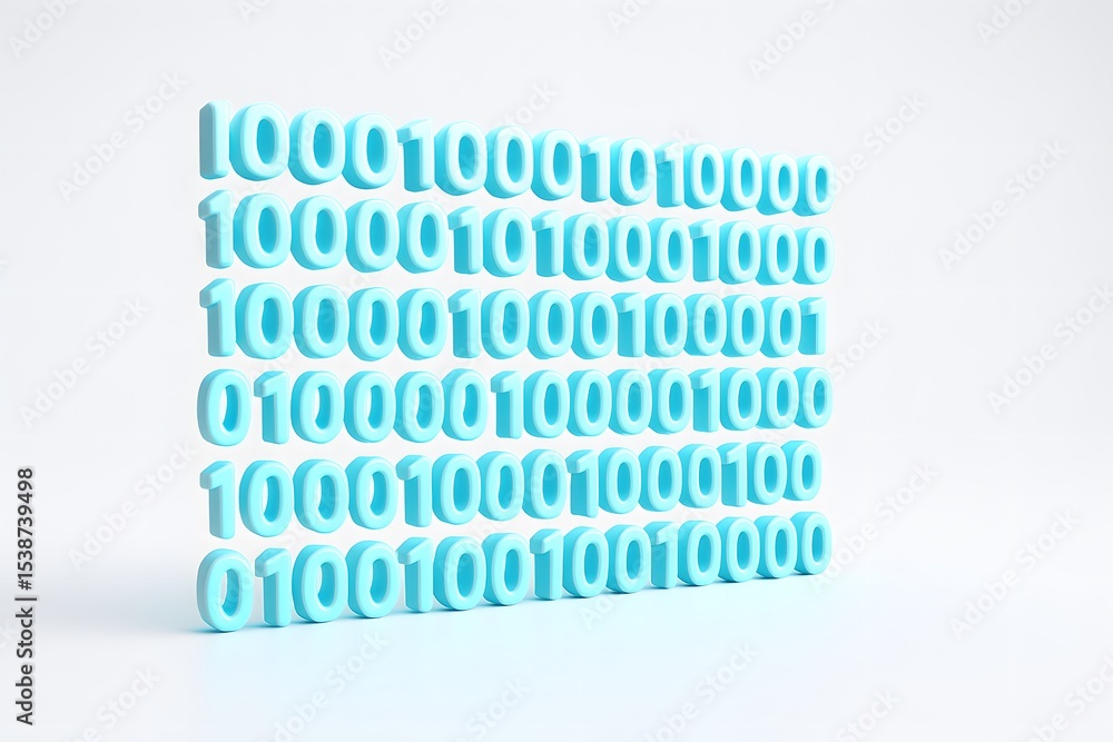 Poster Blue 3D Binary Code Blocks on White Background for Technology Concepts