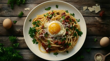 Gourmet Spaghetti Carbonara with Egg and Parsley Garnish