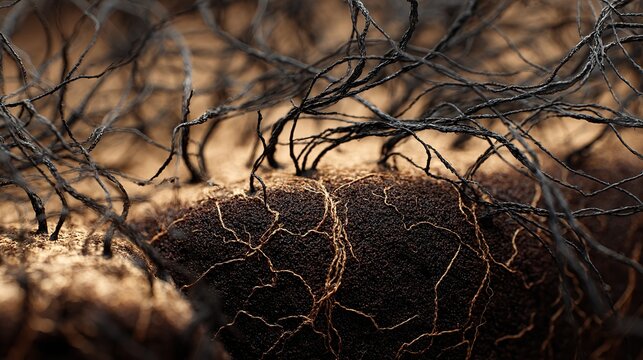 Fungal rhizomorph network background with black cord-like strands in soil matrix, forest ecology texture.