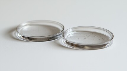 Two clear glass petri dishes, shallow and circular, filled with a liquid and small, dark specks
